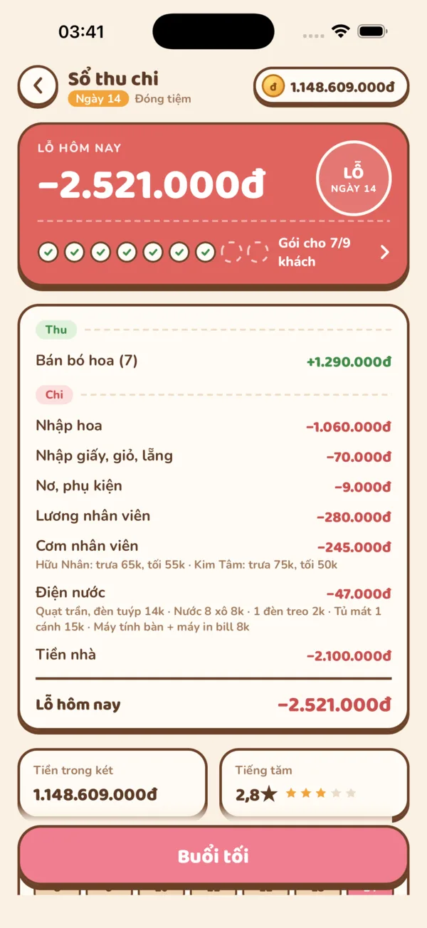 Sổ thu chi cuối ngày của tiệm: tiền bán hoa, tiền nhập hoa, lương nhân viên, tiền nhà