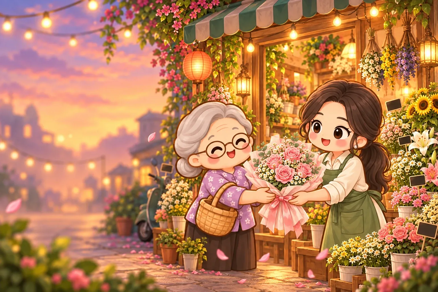 Tiệm Hoa Chợ Đêm: cô chủ tiệm trao bó hoa hồng cho một bà cụ trước tiệm hoa lúc chạng vạng